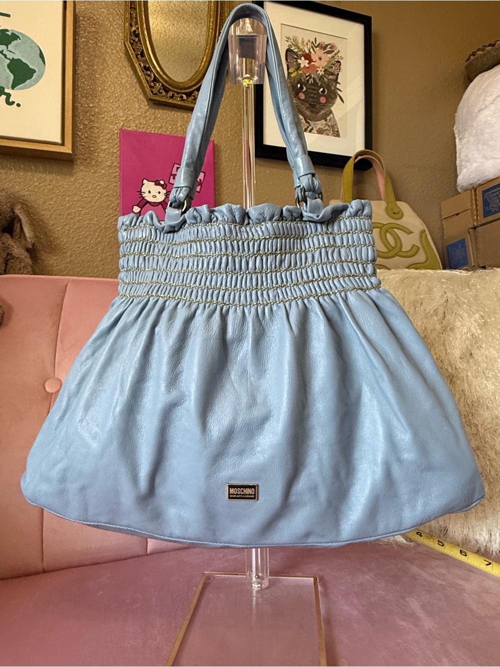💯Auth! MOSCHINO Blue Leather Smocked Shoulder Bag Gold hardware & stitching